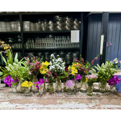 Pot-pourri de flores em garrafinhas e vasos
